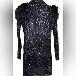 Akira Black Sequin Feather Above the knee Party Dress.